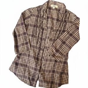 LEI Plaid Button Up Blouse with Ruffles in Brown and Cream Plaid Women's MEDIUM